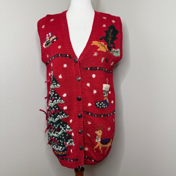 VALERIE STEVENS Christmas Holiday‎ Vest SM Embroidered Embellished Button Up - Picture 1 of 11